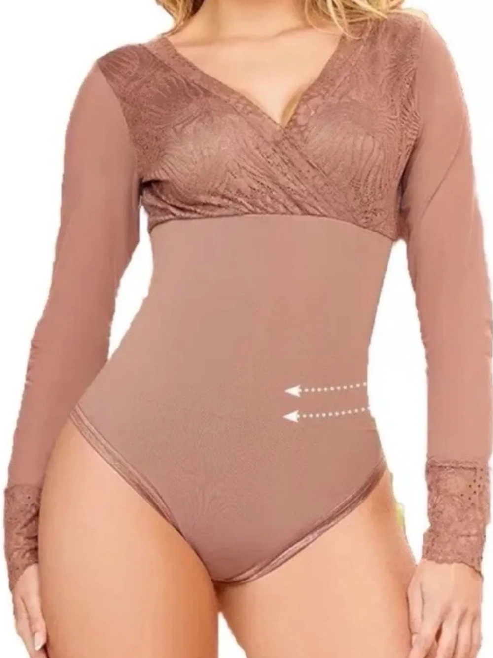 Women’s Sheer Nude Beige Lacey Bodysuit Long Sleeve Deep V-neck Design Medium